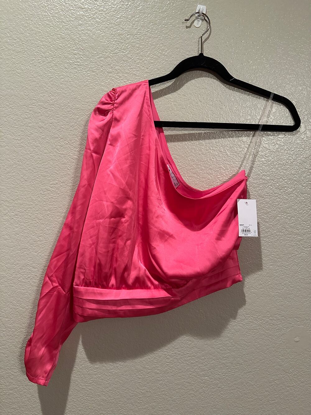 NWT So Hot Pink Satin One shoulder Ballon Sleeve w pleats XL